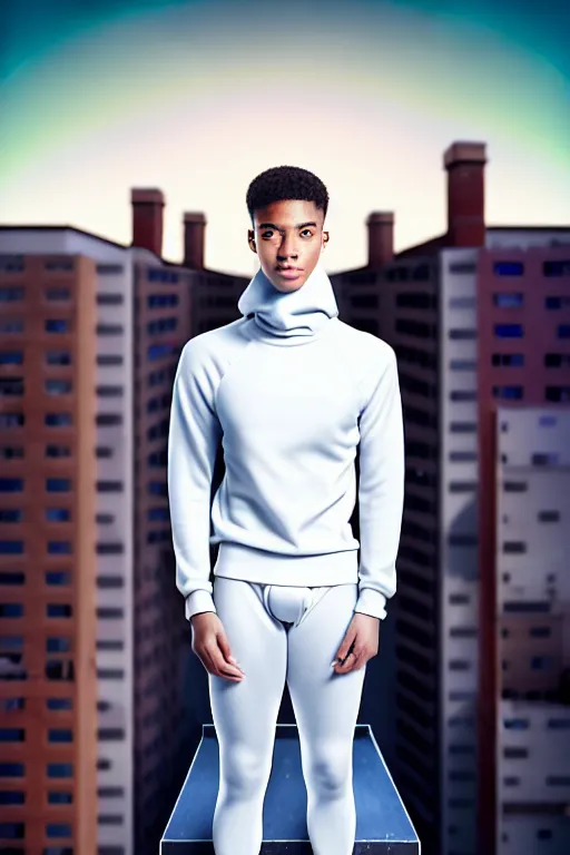 Image similar to un ultra high definition studio quality photographic art portrait of a young man standing on the rooftop of a british apartment building wearing soft padded silver pearlescent clothing. three point light. extremely detailed. golden ratio, ray tracing, volumetric light, shallow depth of field. set dressed.