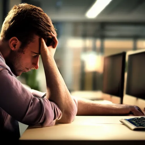 Image similar to detailed photorealistic with bokeh, and cinematic lighting of detailed man sitting while crying because stuck in front of his computer because programming.