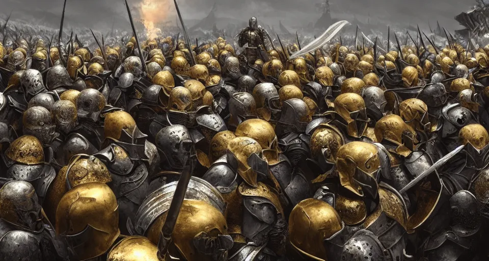 Image similar to render of A skull faced knight with a skull mask, wearing a golden set of armor standing in the middle of a battlefield with a sea of knights fighting, hyper realistic, unreal, craig mullins, alex boyd, lord of the rings, game of thrones, dark souls, artstation, cinematic action shot, warhammer