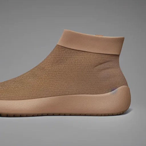 Image similar to a distinctively curved silhouette desert sand color shoe, upper of the shoe is made from a lightweight foam material and has holes, which gives the shoe its unique look. the desert sand color foam material used on the midsole and outsole of the shoe, foam - based slip - on shoe, designed by kanye west, studio lighting, studio portrait