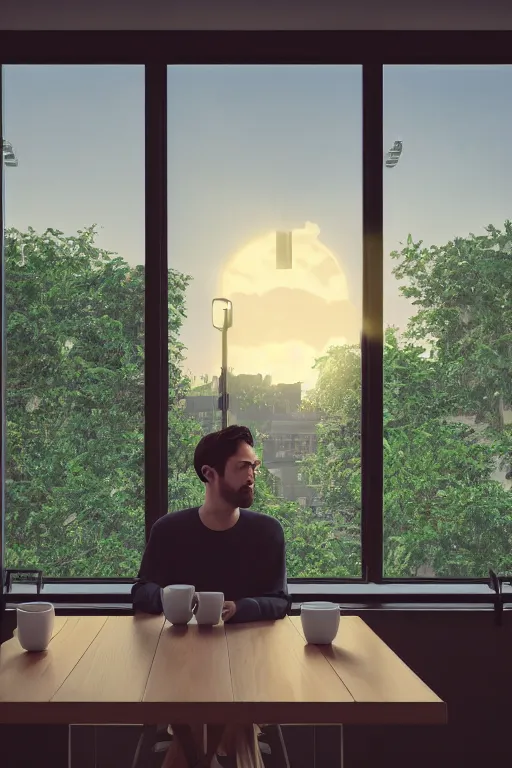 Image similar to a man sitting on a café table mext to a window and holding a cup of coffee at sunset, Pixar style, black hair, 4K, cartoon, concept art, octane render, unreal engine 5, path tracing, complementary colours, serene scene, warm, cute, natural lighting, high quality, highly detailed, high coherence, defined face, five fingers, anatomically correct, soft lighting, close view, digital art, trending on DeviantArt