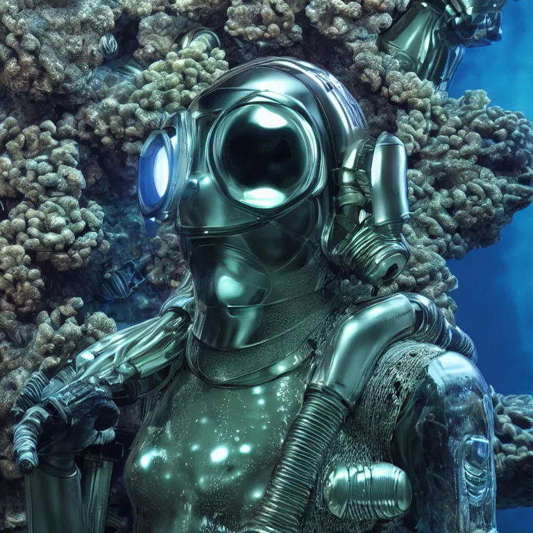 Prompt: octane render portrait by wayne barlow and carlo crivelli and glenn fabry, subject is a shiny reflective tactical futuristic android scuba diver with small lights inside helmet, surrounded by bubbles inside an exotic alien coral reef aquarium full of exotic fish, cinema 4 d, ray traced lighting, very short depth of field, bokeh