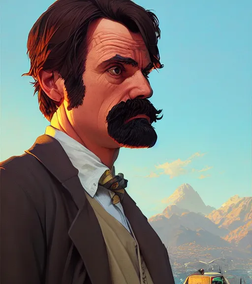 Image similar to highly detailed portrait nietzsche in gta v, stephen bliss, unreal engine, fantasy art by greg rutkowski, loish, rhads, ferdinand knab, makoto shinkai and lois van baarle, ilya kuvshinov, rossdraws, tom bagshaw, global illumination, radiant light, detailed and intricate environment