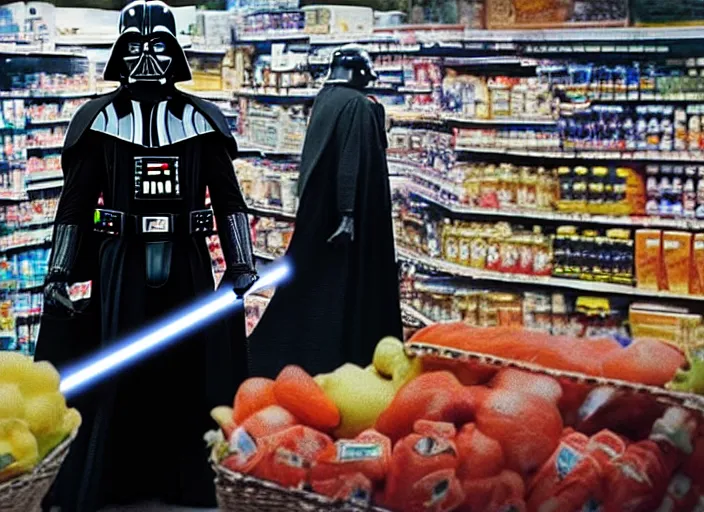 Prompt: film still of Darth Vader goes grocery shopping in the new Star Wars movie, 4k