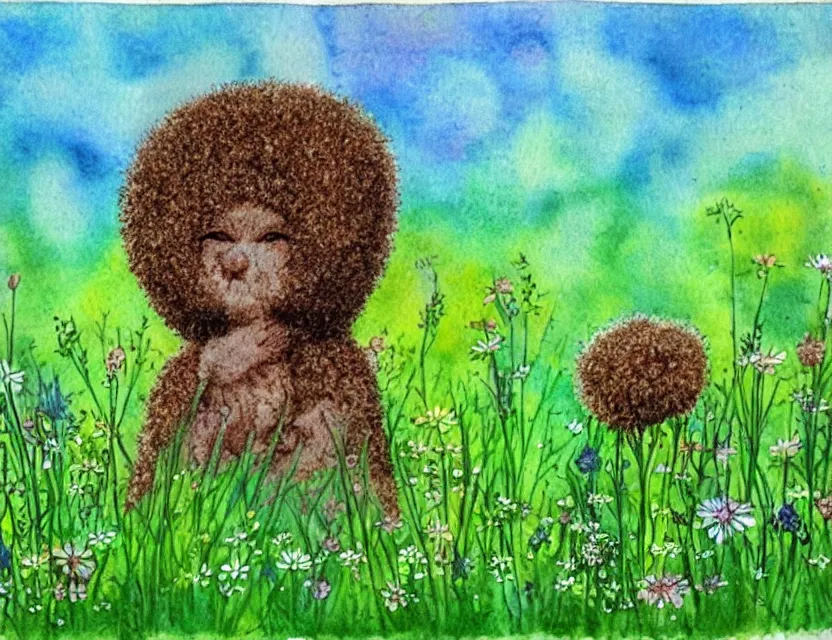 Prompt: feral chia pet in the meadow. russian fairytale art, watercolor, backlighting