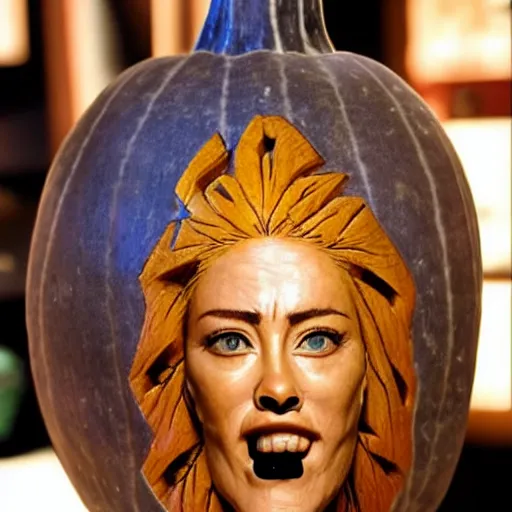 Image similar to a [ gourd ] carved shaped to look like ( amber heard face ) hybrid intercross