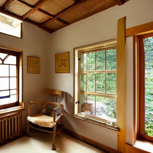 Image similar to photo of interior of historic cozy stone cottage, english and japanese, nature theme