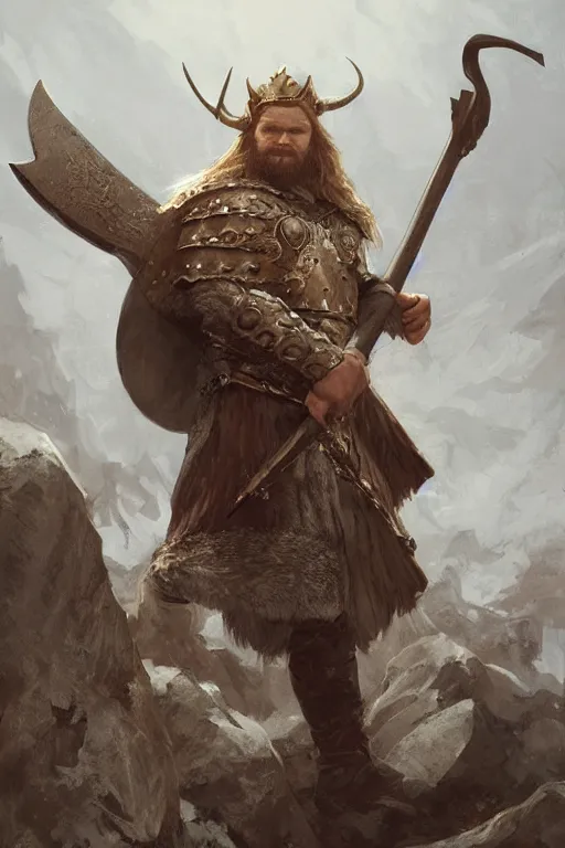 Prompt: a viking king with an axe, highly detailed, digital painting, artstation, concept art, sharp focus, illustration, art by artgerm and greg rutkowski and alphonse mucha