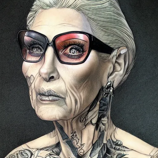 Image similar to a beautiful portrait of a heavily tattooed older woman Travis Charest style