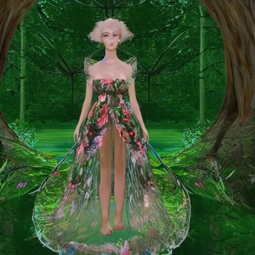 Prompt: cute female forest spirit wearing floral cybernetic hungarian valentino resort sheer dress, overgrown esoteric cyber cathedral sanctuary, fashion gameplay screenshot, painted by raphael in 1 5 1 1