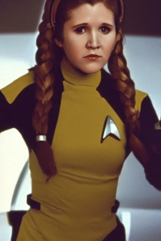 Image similar to photorealistic!! young adult carrie fisher as a star trek captain, yellow starfleet uniform, film quality