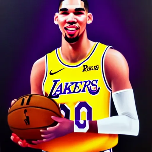 Prompt: jayson tatum in los angeles lakers jersey, holding the larry o'brien trophy, portrait by william sidney mount, oil on canvas, trending on artstation, hyper realistic