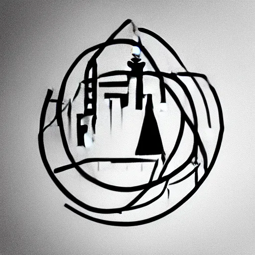 Image similar to a perfect circle, the outer edge of the circle is hugged by the silhouette of a city skyline, black and white, minimalist, in the style of a line drawing