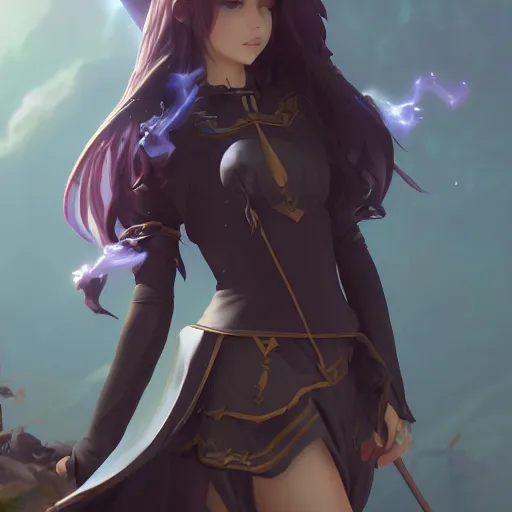 Image similar to character design, beautifull female wizard, fantasy style clothing, anime key visual, official media, illustrated by wlop, extremely detailed, 8 k, trending on artstation, cinematic lighting, beautiful, mist, photorealistic, octane render, unreal engine, hyper detailed, volumetric lighting