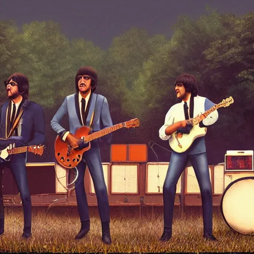 Image similar to pedro sanched playing music with the beatles at woodstock, highly detailed, artstation, 4k