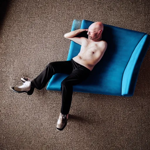 Prompt: photography of bald tall man, wearing black, asleep in a blue reclining chair, full length