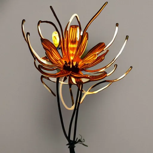 Image similar to mechanical tiger lily flower, metallic, glowing, high detail