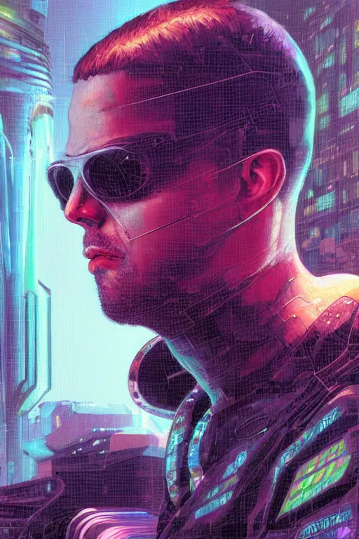 Image similar to A portrait of the Techgnosis author Erik Davis as a cyberpunk, iridescent highlights, background of digital greebles, highly detailed, intricate, soft, sci-fi, sharp focus, glowing lines, art by Ruan Jia and Moebius