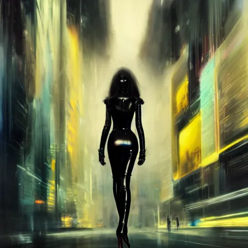 Prompt: lady dressed in latex catsuit, in a futuristic cyberpunk city, long hair, high heels, walking towards camera, cinematic, low angle, fog, wide angle, by John Berkey , trending on art station