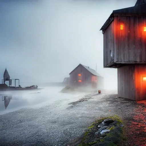 Image similar to icelandic fishing village with rustic architecture. cyberpunk style. apocalyptic style. photo. photorealistic. nebulous. fog.