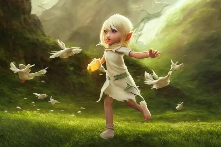 Image similar to a blonde elf wearing a green tunic running away from a flock of white chickens , made by Stanley Artgerm Lau, WLOP, Rossdraws, ArtStation, CGSociety, concept art, cgsociety, octane render, trending on artstation, artstationHD, artstationHQ, unreal engine, 4k, 8k,