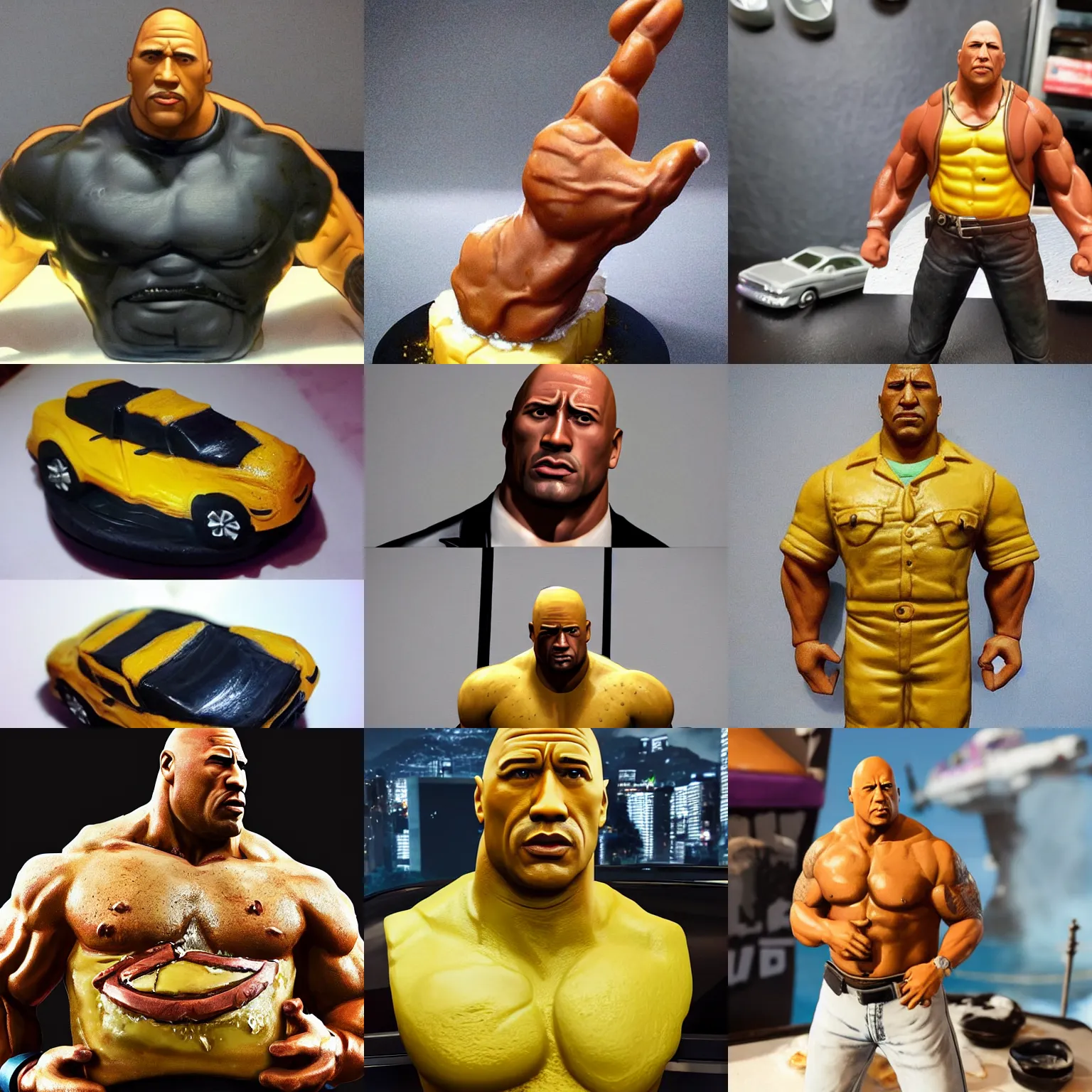 Prompt: a melting butter sculpture of dwayne the rock johnson grand theft auto 5 artwork