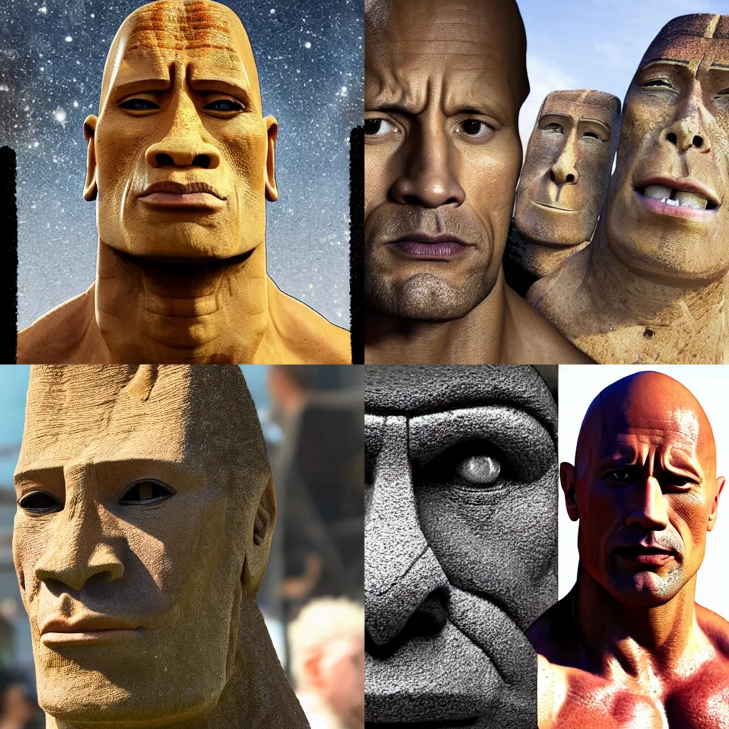 Prompt: dwayne johnson as an easter island head