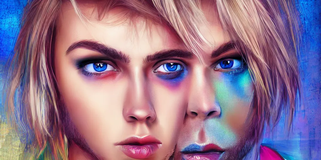 Image similar to extremely beautiful blonde young man with hyperealistic glossy eyes, digital art, colourful background seductive.