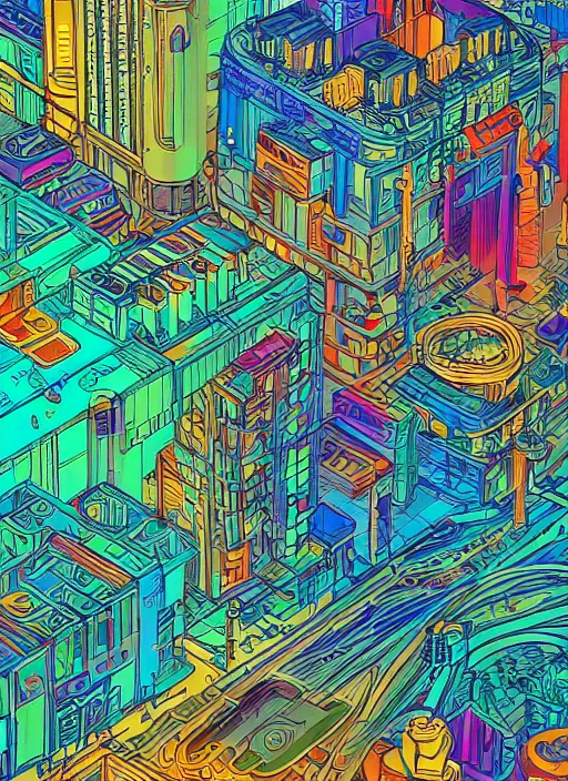 Image similar to san francisco, an ultrafine detailed illustration by james jean, intricate linework, bright colors, final fantasy, behance contest winner, vanitas, angular, altermodern, unreal engine 5 highly rendered, global illumination, radiant light, detailed and intricate environment