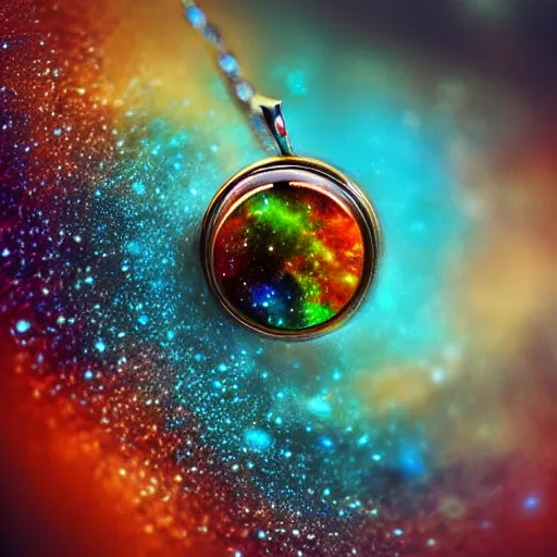 Prompt: close up on a pendant containing a galaxy full of life, 8k, macro lens, surrealistic art, vivid colors