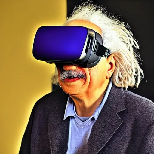 Prompt: albert einstein with virtual reality glasses