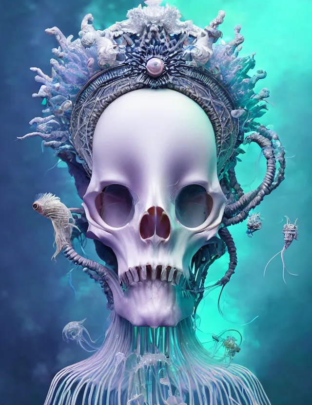 Prompt: goddess close - up portrait wigh crown made of ram skull. betta fish, jellyfish skeleton phoenix, bioluminiscent, plasma, ice, water, wind, creature, super intricate ornaments artwork by tooth wu and wlop and beeple and greg rutkowski