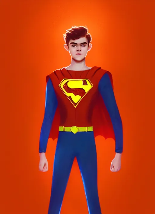 Image similar to kind teenage archie andrews wearing an orange superhero costume, superhero costume with heart emblem, cape, intricate, elegant, glowing lights, highly detailed, digital painting, artstation, sharp focus, illustration, art by wlop, mars ravelo and greg rutkowski