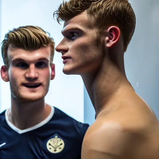 Prompt: a realistic detailed photo of a guy who is an attractive humanoid who is half robot and half humanoid, who is a male android, soccer players martin ødegaard & timo werner, shiny skin, posing like a statue, blank stare, in a factory, on display, showing off his muscles, gold soccer shorts, side view, repairing the other one