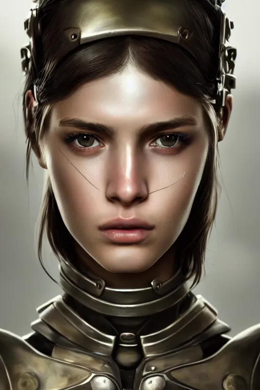 Image similar to a photorealistic painted portrait of an attractive young girl, partially clothed in dull metal-plated battle armor, olive skin, long dark hair, flawless skin, beautiful bone structure, symmetric facial features, perfect photorealistic eyes, natural physique, intricate, elegant, digital painting, concept art, finely detailed, beautifully illustrated, sharp focus, minimal artifacts, from Metal Gear, by Ruan Jia and Mandy Jurgens and Artgerm, in the style of Greg Rutkowski, trending on Artstation, award winning art