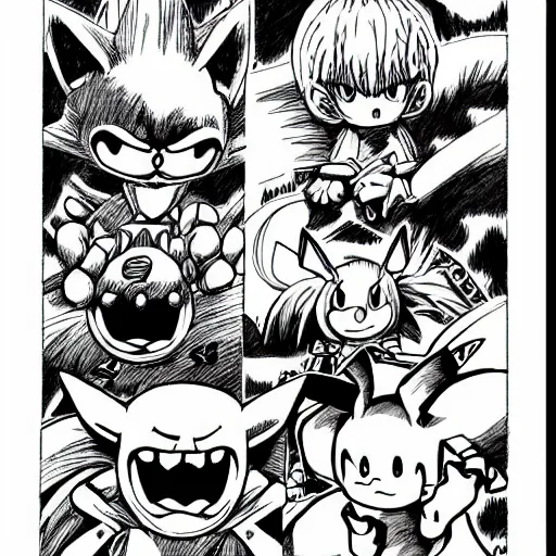 Image similar to sonic and pikachu drawn by kentaro miura, in the style of berserk, very detailed