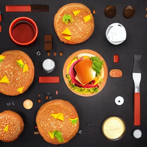 Image similar to knolling of a cheeseburger, photo