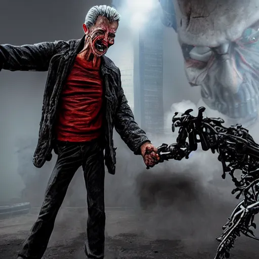 Image similar to apocalyptic, amagician shaking the hand of the terminator. they are best friends. smoke. volumetric lighting, sharp focus, ultra detailed, cgsociety - w 1 0 2 4 - n 8 - i