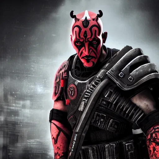 Image similar to Darth Maul in gears of war, splash art, movie still, detailed face, photorealistic facial features, cinematic lighting, dramatic, octane render, long lens, shallow depth of field, bokeh, anamorphic lens flare, 8k, hyper detailed, 35mm film grain