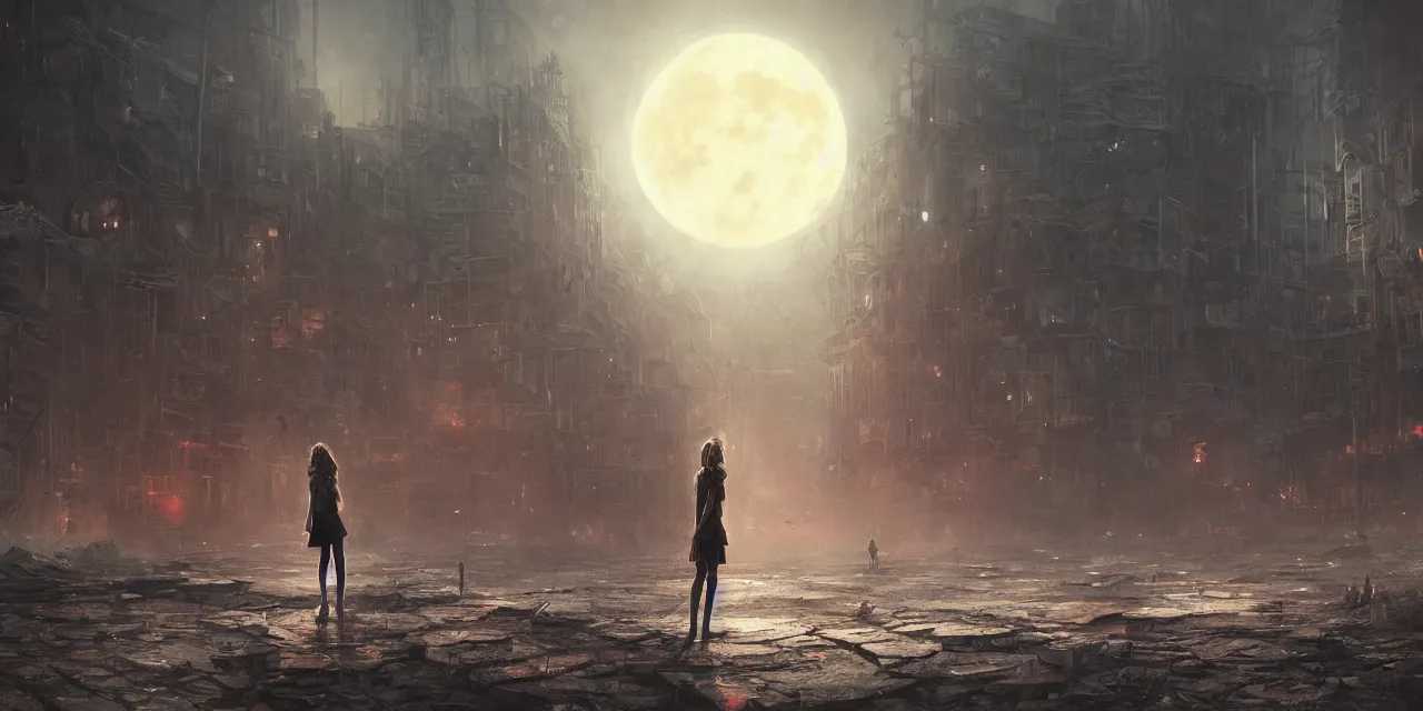 Image similar to a detailed illustration of a lonely girl against the background of a ravaged city and a red moon, artstation, by Frederik Heyman, sophisticated, Unreal engine, dystopia, anti-utopia, post processing, nostalgic melancholic artwork, intricate