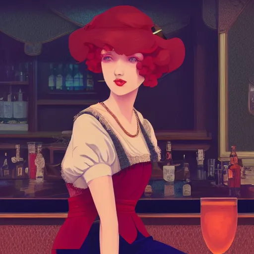 Image similar to portrait of a beautiful red headed girl dressed in 1920's fashion, speakeasy bar background, rich vivid colors, ambient lighting, dynamic lighting, 4k, HQ, official media, anime key visual, makoto shinkai, ilya kuvshinov, lois van baarle, rossdraws, detailed, trending on artstation