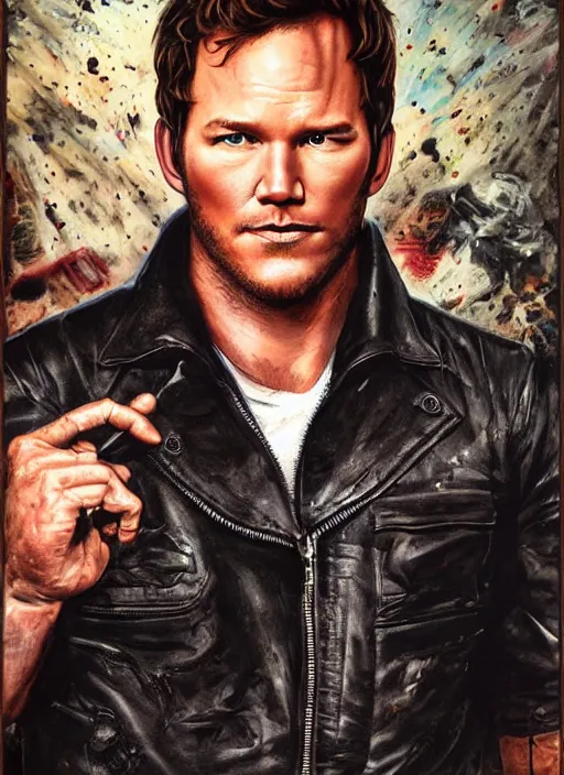 Image similar to portrait of chris pratt, very serious, gritty, dark, wearing a black leather jacket, hyperrealistic, very detailed painting by Glenn Fabry, by Joao Ruas, by Artgerm