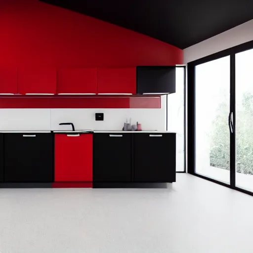 Image similar to photo of black, matte kitchen fronts surfaces and furniture, dark red walls at the back, white floor tiles on the ground, white ceiling, architecture, concept art