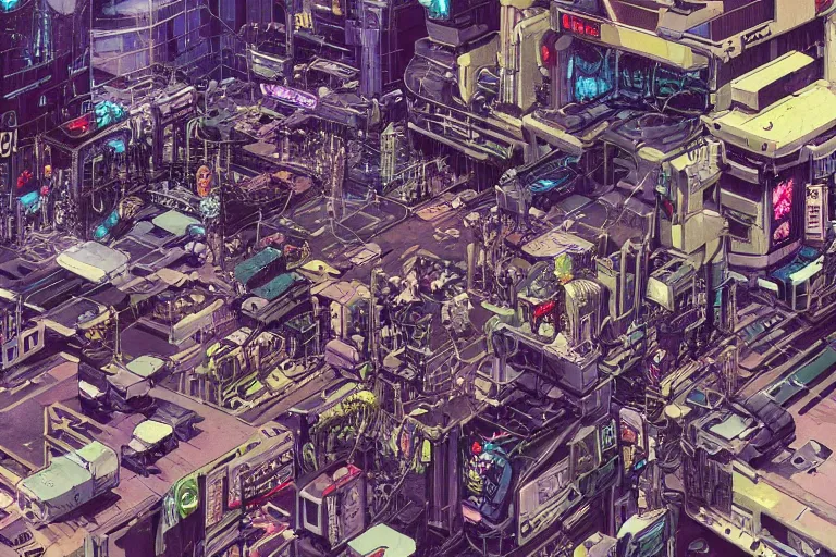 Image similar to a hyper-detailed cyberpunk illustration with a bunch of android females lying over an empty floor, with their broken bodies open and a mess of cables and wires coming out, by masamune shirow and katsuhiro otomo