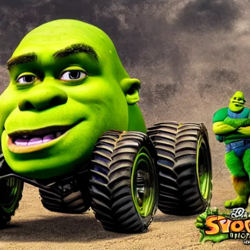 Image similar to shrek has transformed into a monster truck, shrek monster truck, high resolution photo, the shrek monster truck derby