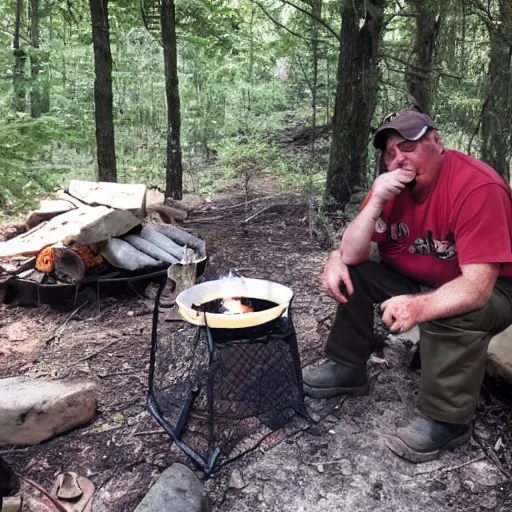 Image similar to veteran special operations officer living off the grid cooking at a campfire