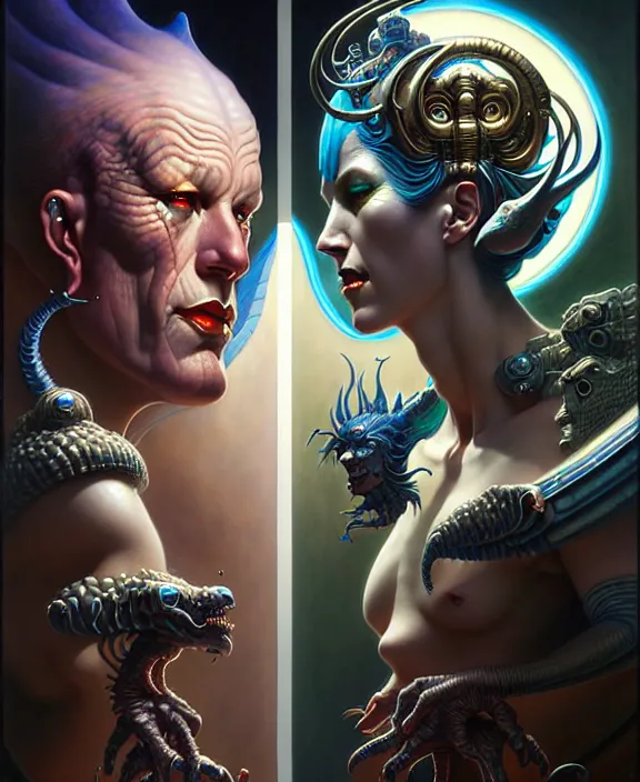 Image similar to beautiful gemini good and evil fantasy character portrait, ultra realistic, wide angle, intricate details, the fifth element artifacts, highly detailed by peter mohrbacher, hajime sorayama, wayne barlowe, boris vallejo, aaron horkey, gaston bussiere, craig mullins