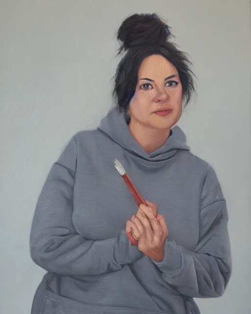 Image similar to an oil painting portrait of a woman wearing grey sweatpants and a sweatshirt, poised, large brush strokes, wood frame