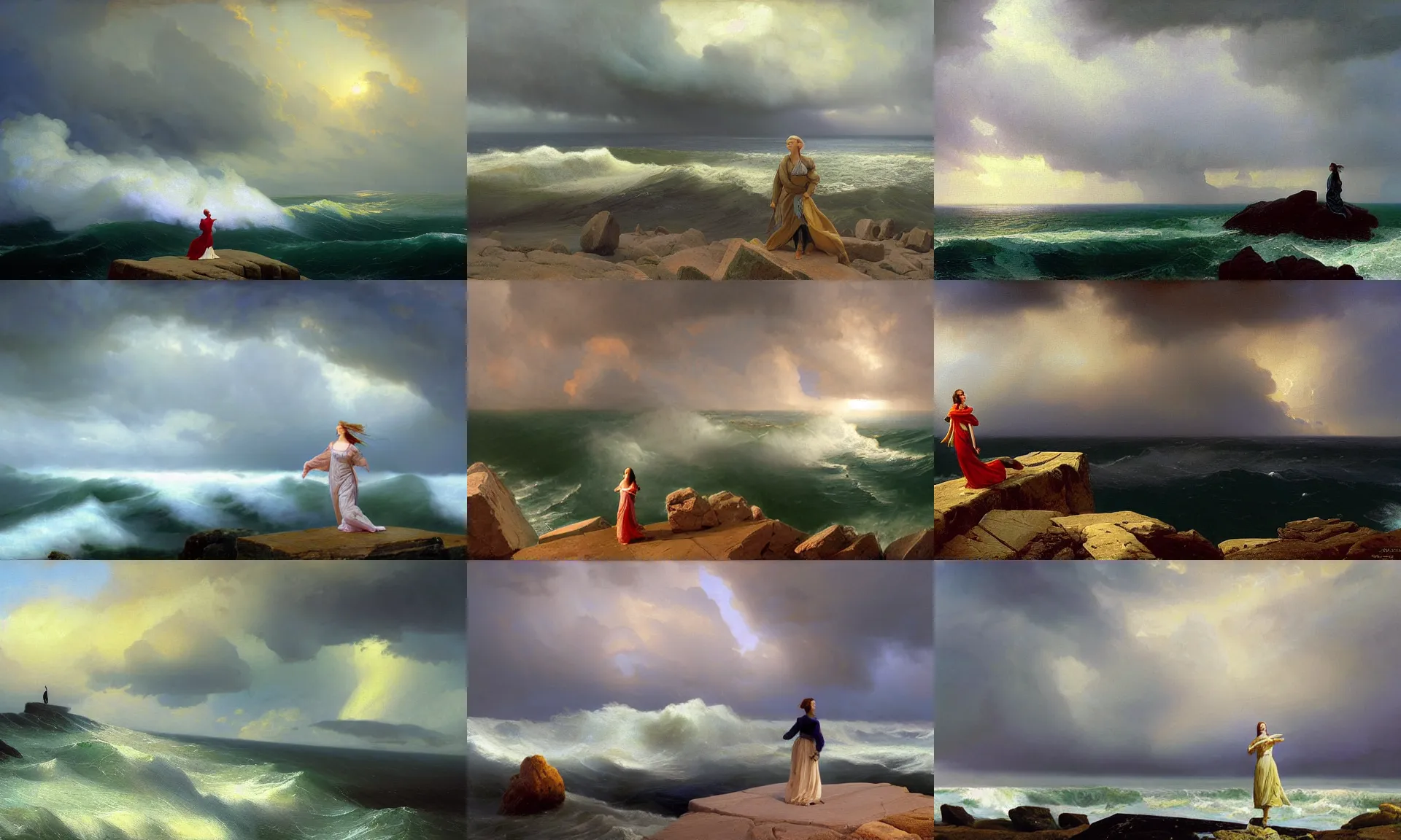 Prompt: stormy sky, extremely strong wind, cumulonimbus, realism, woman in dress figure standing on the stones, matte painting, modern painting, digital art, view from above on seascape, artwork by christopher blossom and frederick judd waugh and Russ Kramer and Christian Riese Lassen and ivan aivazovsky and isaac levitan
