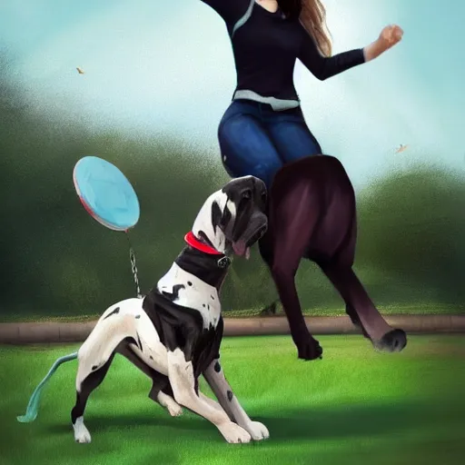 Image similar to girl riding a giant great Dane at the park catching a frisbee, trending on artstation